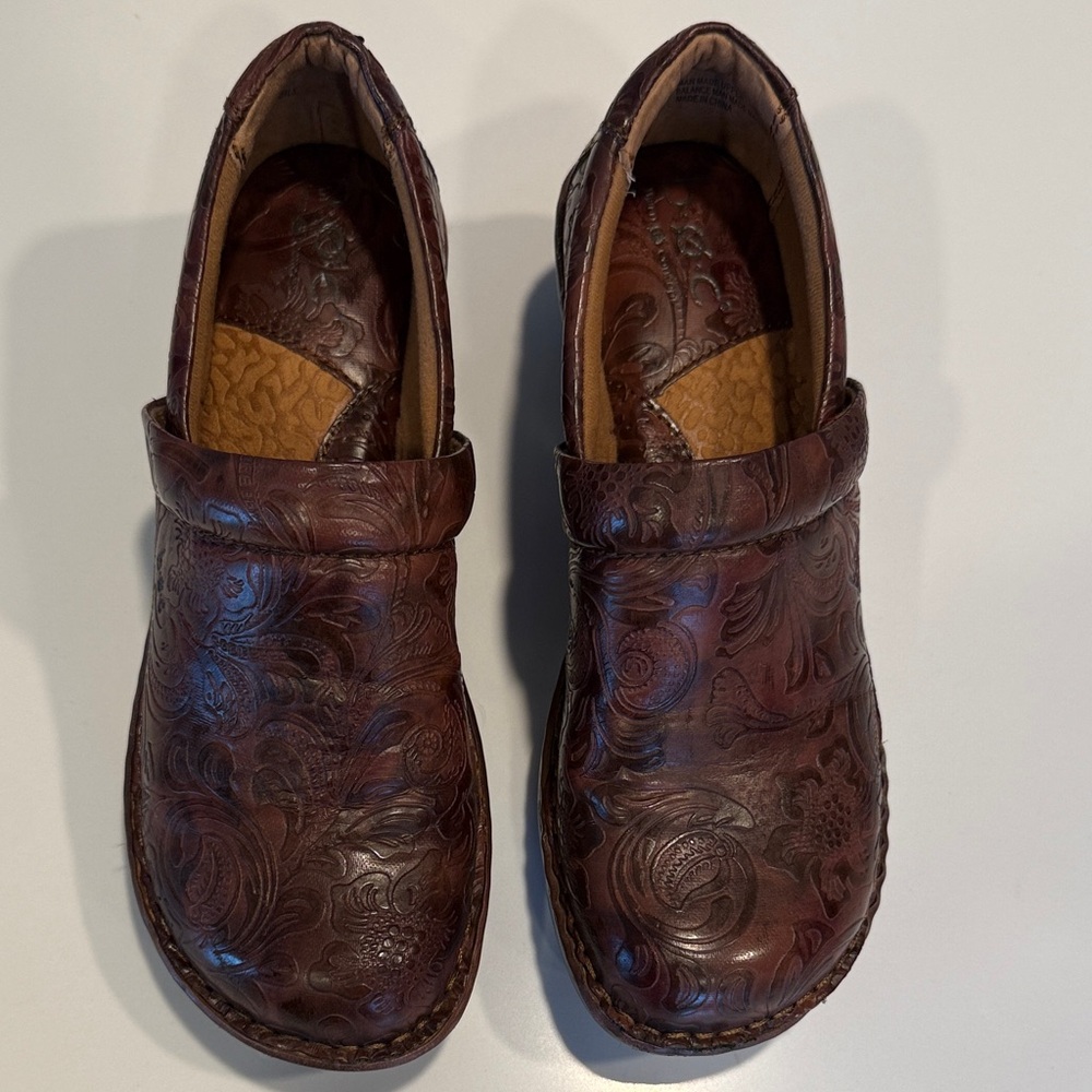 b.o.c. Women's Embossed Leather Mules in Rich Brown